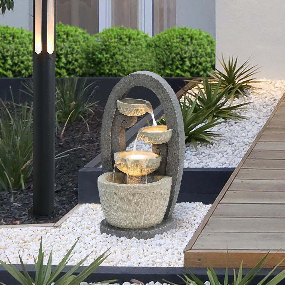Luxenhome Gray Oval Cascading Bowls Resin Outdoor Fountain
