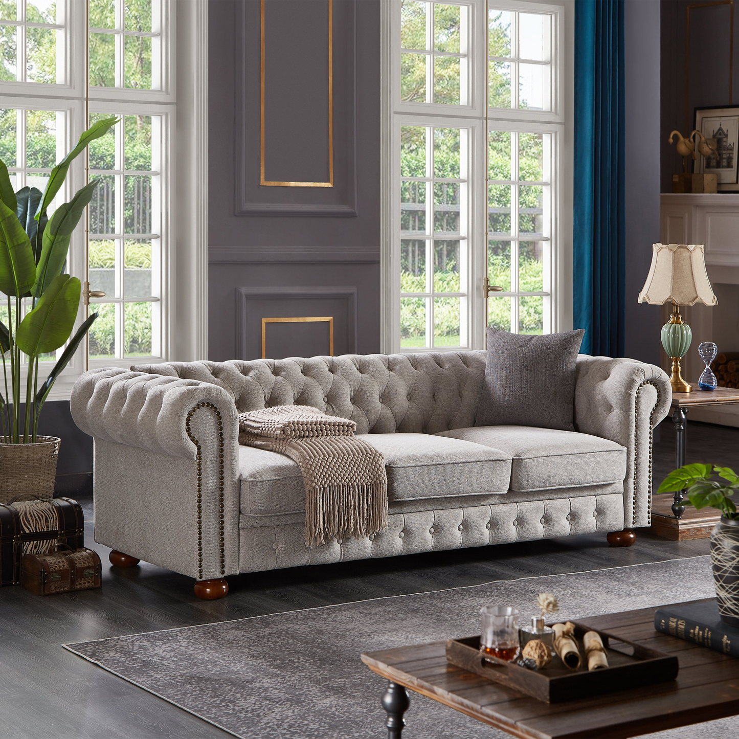 Chesterfield Sofa In Linen Fabric - Light Grey