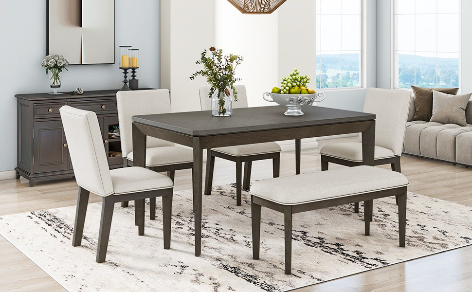6-Piece Dining Table Set with Upholstered Dining Chairs and Bench,Farmhouse Style, Tapered Legs, Dark Gray+Beige Môdern Space Gallery
