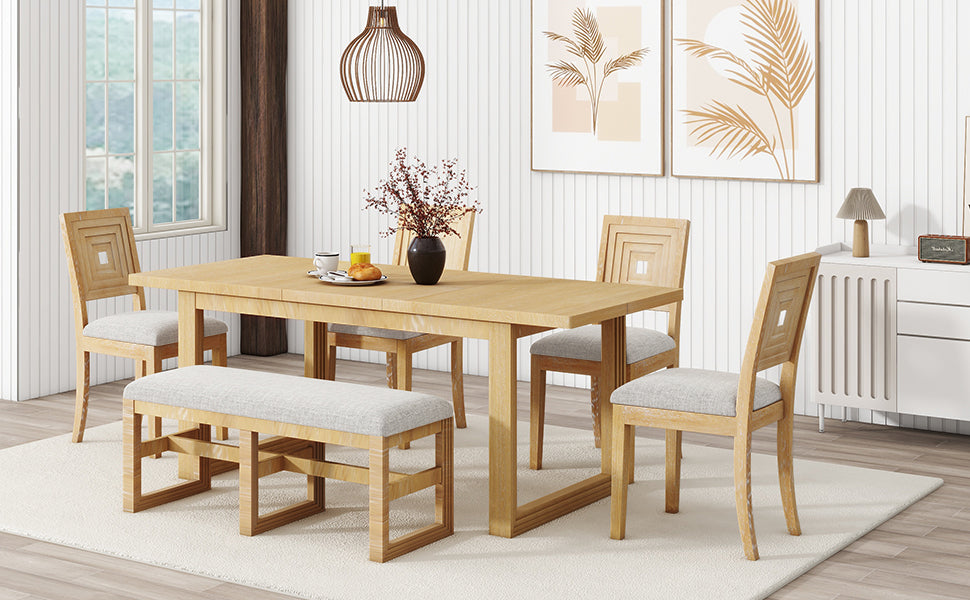 Modern 78inch 6-Piece Extendable Dining Table Set, 4 Upholstered Dining Chairs and Dining Bench, 18" Butterfly Leaf, Natural Môdern Space Gallery