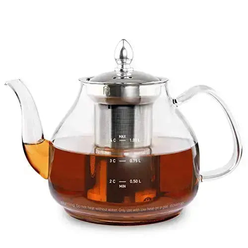 CnGlass 1000ML/33.8OZ Glass Teapot Stovetop Safe ,Clear Teapot with  Removable Infuser ,Loose Leaf and Blooming Tea Maker