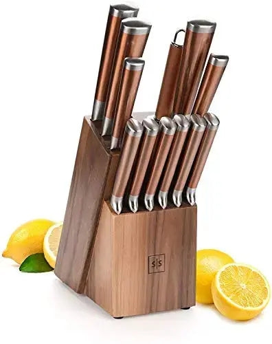 Styled Settings Copper Stainless Steel Knife Set with Walnut Knife Block, Gold