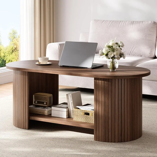 OneBlis 42" Oval Fluted Coffee Table, 2-Tier Storage - Walnut