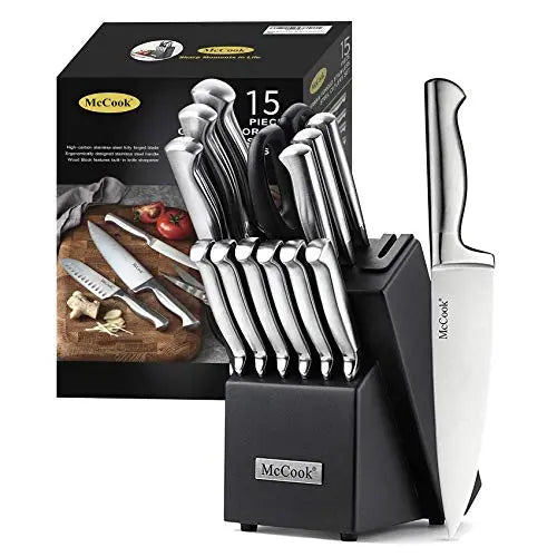 McCook MC17 Knife Sets,15 Pieces German Stainless Steel Knife Block Sets  with Built-in Sharpener