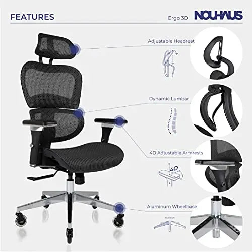 NOUHAUS Ergo3D Office Chair | Ergonomic Mesh Chair with Adjustable Armrest - Black Nouhaus