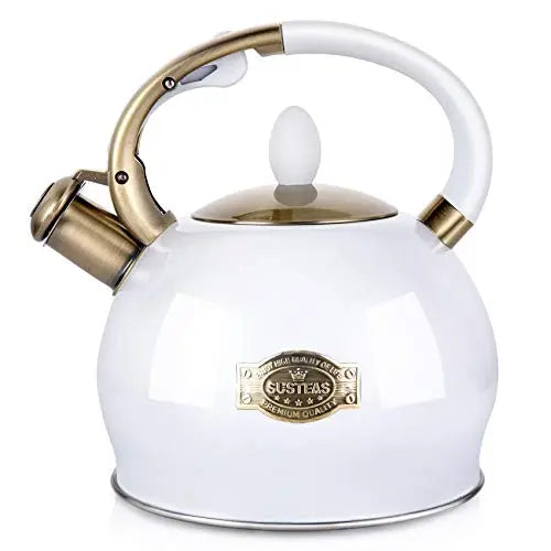 SUSTEAS Stove Top Whistling Tea Kettle | Stainless Steel Teapot, 2.64 QT - White SUSTEAS