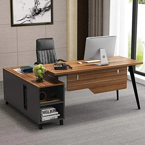 TribeSigns L Shaped Desk with 2 Drawers, 55 Inch Executive Office Desk with Cabinet Storage Shelves, Brown