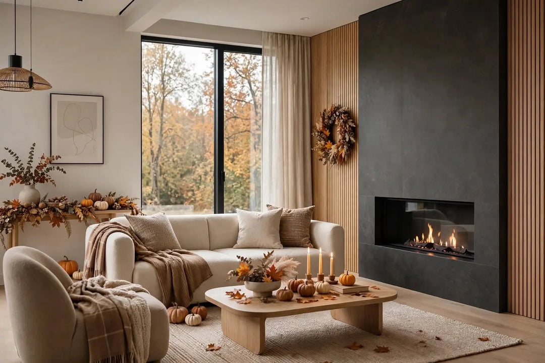 Warm, layered fall interior styled with natural textures and seasonal accents