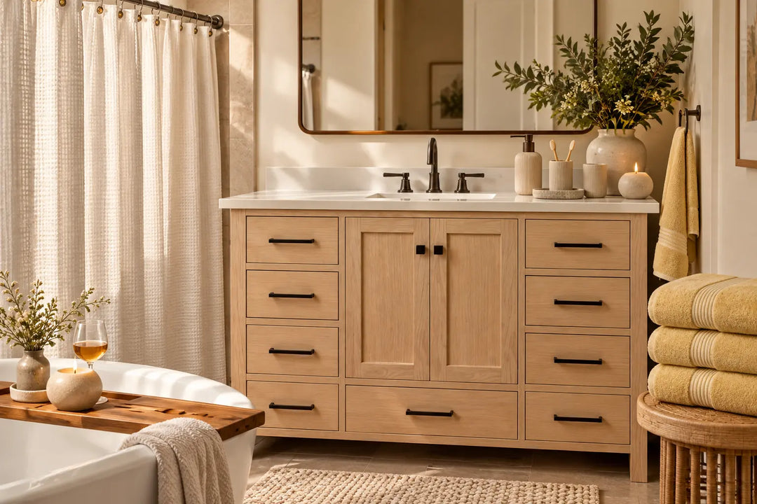 The Bathroom, Fully Styled: Warm White, Natural Wood and Amber Glass