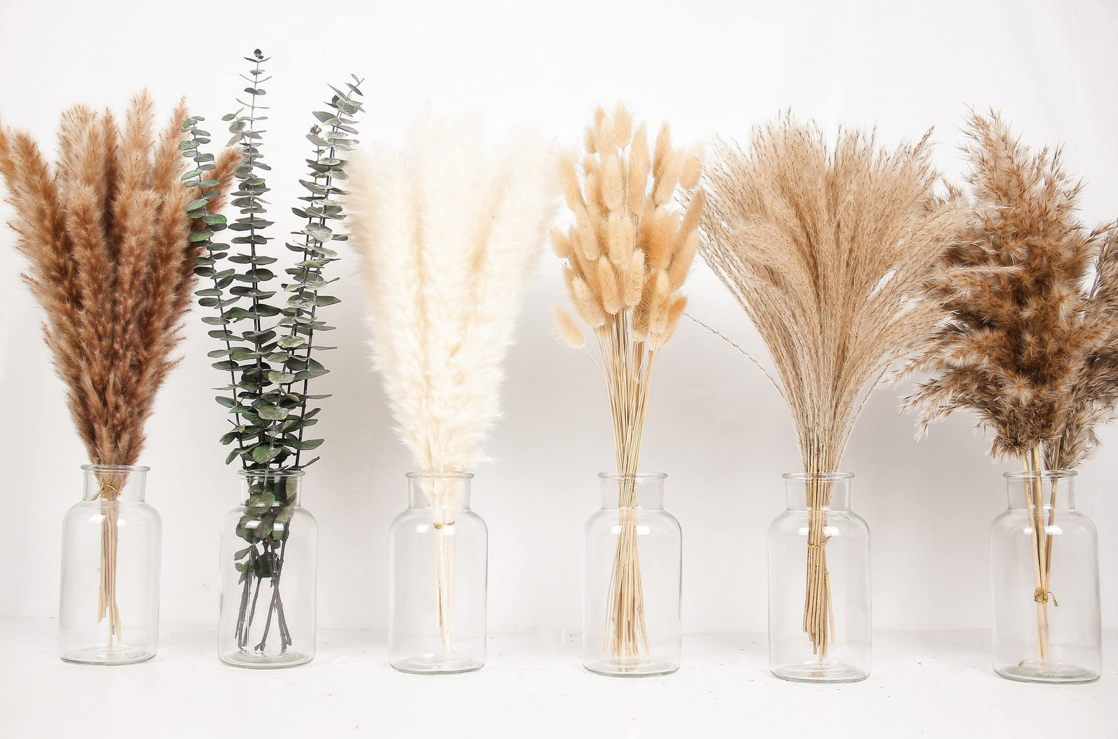 110 PCS of Boho Pampas Grass Decor, Naturally Dried Pompas, Bunny Tails Dried Flowers, and dried eucalyptus. Perfect for Weddings, Boho Party Decorations, and Table Decor. 