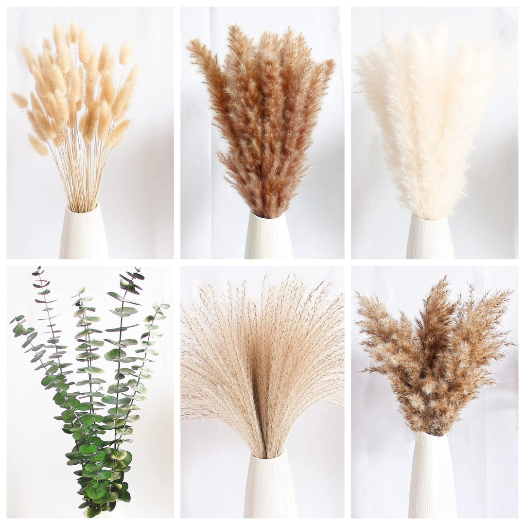 110 PCS of Boho Pampas Grass Decor, Naturally Dried Pompas, Bunny Tails Dried Flowers, and dried eucalyptus. Perfect for Weddings, Boho Party Decorations, and Table Decor. 