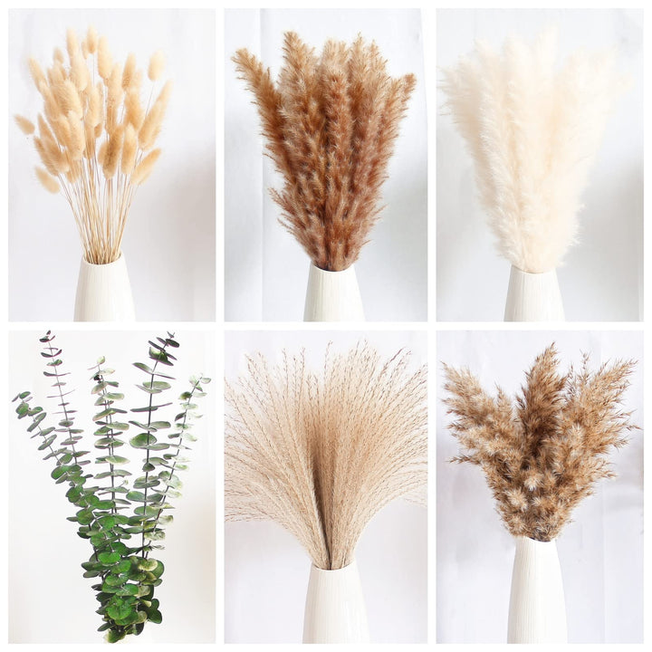 110 PCS of Boho Pampas Grass Decor, Naturally Dried Pompas, Bunny Tails Dried Flowers, and dried eucalyptus. Perfect for Weddings, Boho Party Decorations, and Table Decor. 