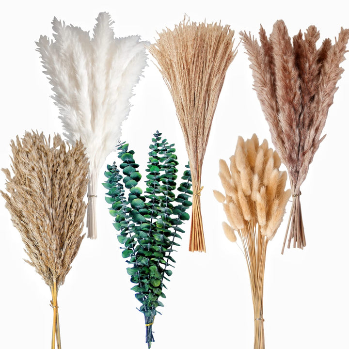 110 PCS of Boho Pampas Grass Decor, Naturally Dried Pompas, Bunny Tails Dried Flowers, and dried eucalyptus. Perfect for Weddings, Boho Party Decorations, and Table Decor. 