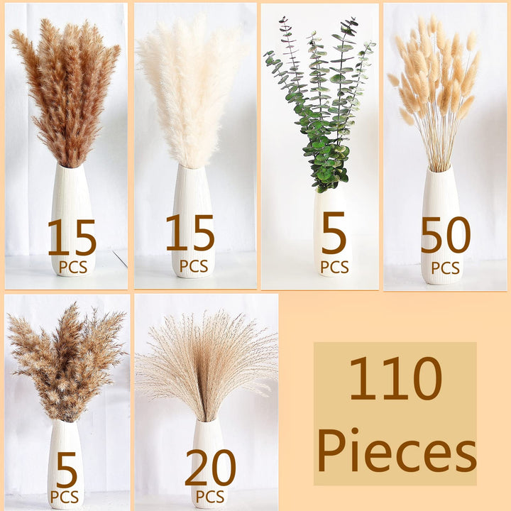 110 PCS of Boho Pampas Grass Decor, Naturally Dried Pompas, Bunny Tails Dried Flowers, and dried eucalyptus. Perfect for Weddings, Boho Party Decorations, and Table Decor. 
