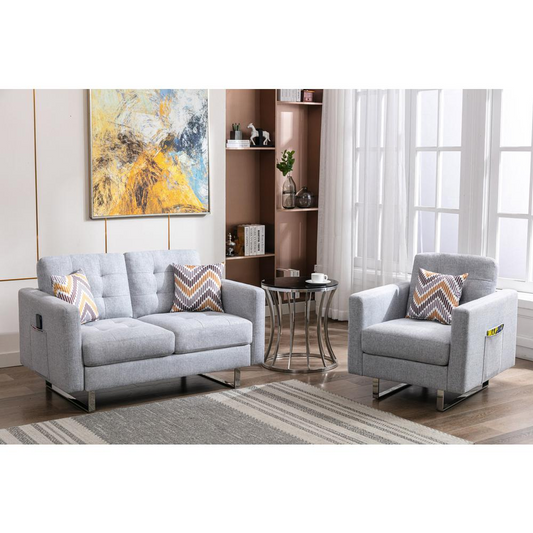 Victoria Light Gray Linen Fabric Loveseat Chair Living Room Set with Metal Legs, Side Pockets, and Pillows Môdern Space Gallery
