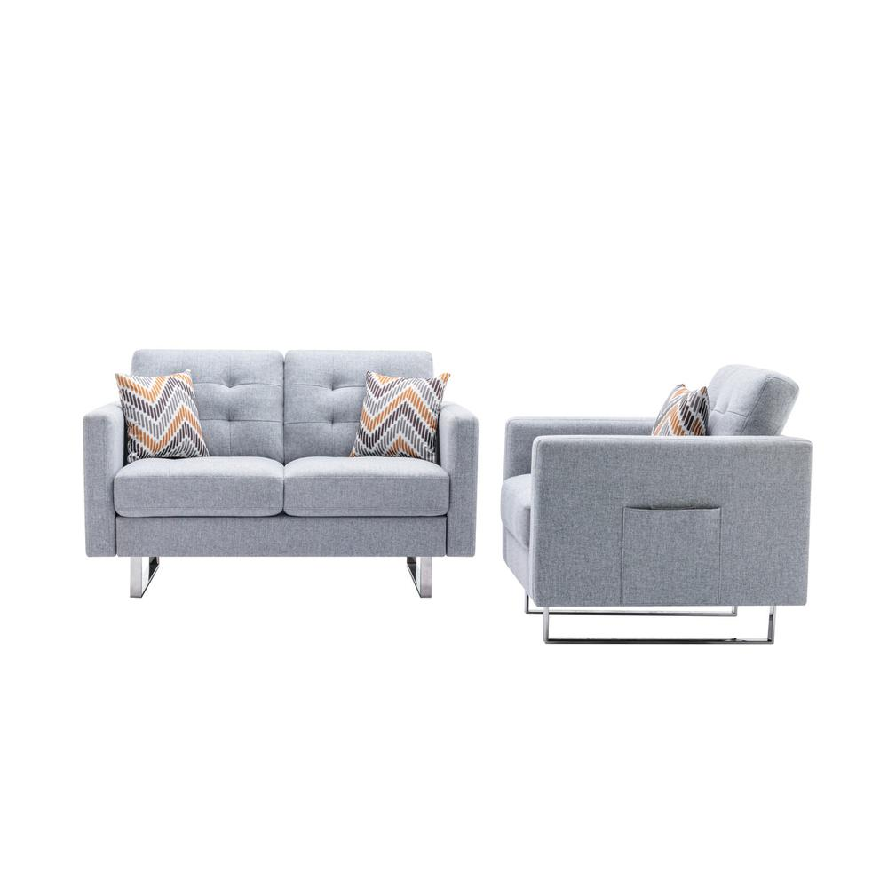 Victoria Light Gray Linen Fabric Loveseat Chair Living Room Set with Metal Legs, Side Pockets, and Pillows Môdern Space Gallery