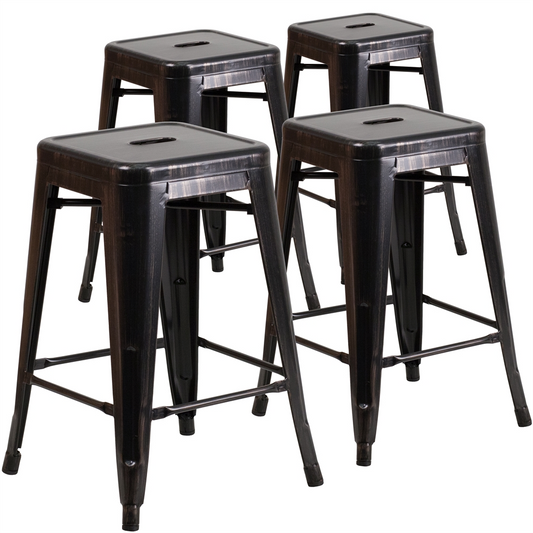 4 Pk. 24'' High Backless Black-Antique Gold Metal Indoor-Outdoor Counter Height Stool with Square Seat Môdern Space Gallery