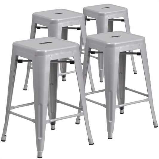 4 Pk. 24'' High Backless Silver Metal Indoor-Outdoor Counter Height Stool with Square Seat Môdern Space Gallery