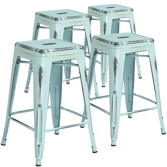 4 Pk. 24'' High Backless Distressed Dream Blue Metal Indoor Counter Height Stool Môdern Space Gallery