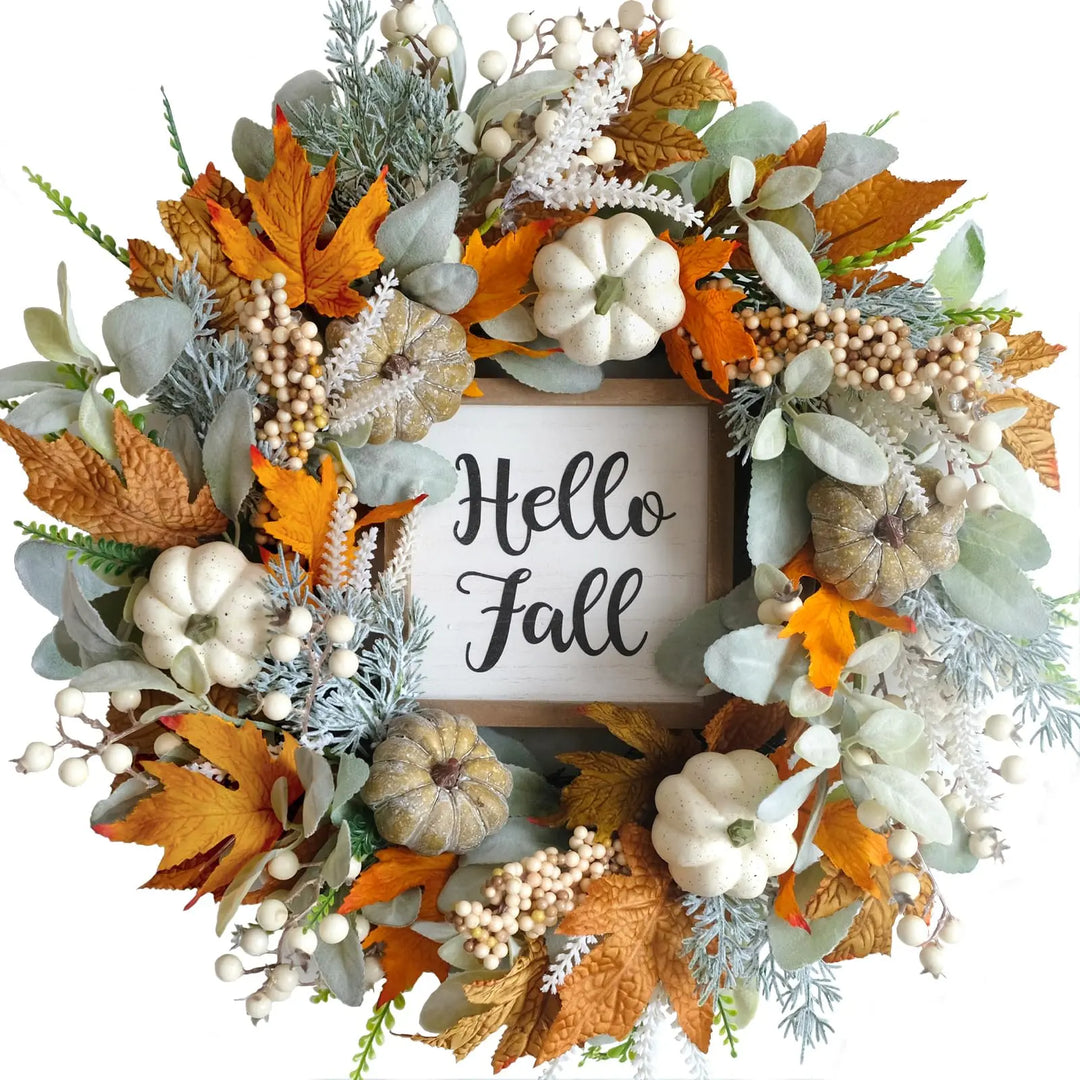 20" Harvest Fall Wreath for Front Door, Pumpkins Berries Autumn Wreaths