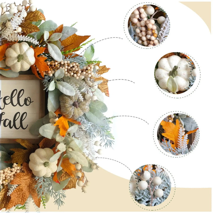 20" Harvest Fall Wreath for Front Door, Pumpkins Berries Autumn Wreaths