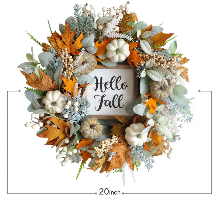 20" Harvest Fall Wreath for Front Door, Pumpkins Berries Autumn Wreaths