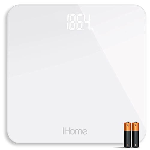 iHome Digital Scale Step-On Bathroom Scale - iHome High Precision Body Weight Scale - 400 lbs, Battery Powered with LED Display - Batteries Included -Great for Home Gym (White) iHome