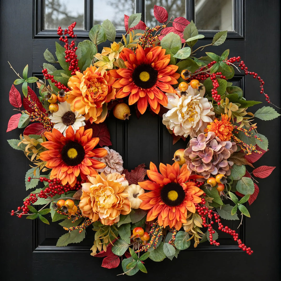 24 Inch Harvest Fall Wreaths for Front Door with Sunflower,Peony,Hydrangeas