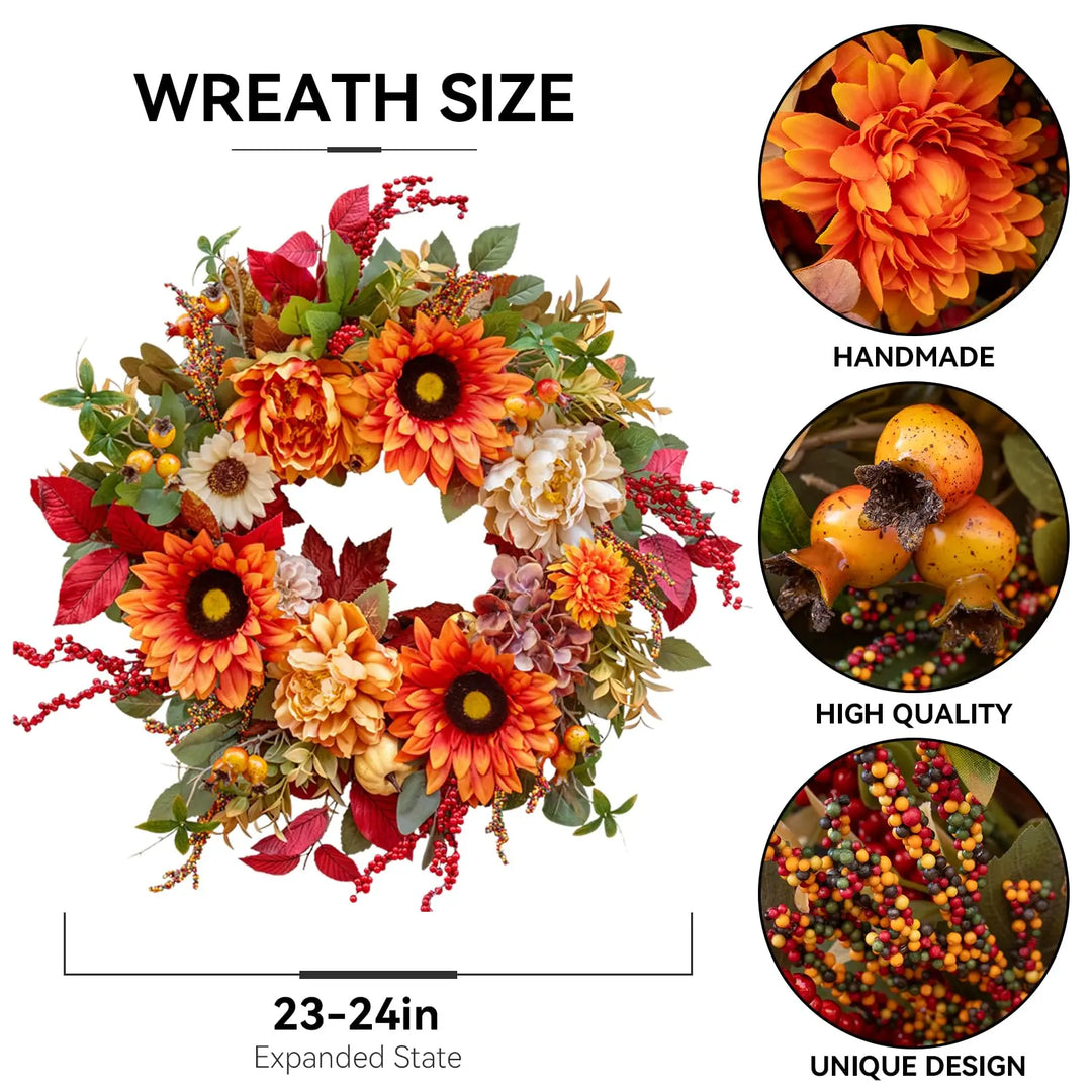 24 Inch Harvest Fall Wreaths for Front Door with Sunflower,Peony,Hydrangeas
