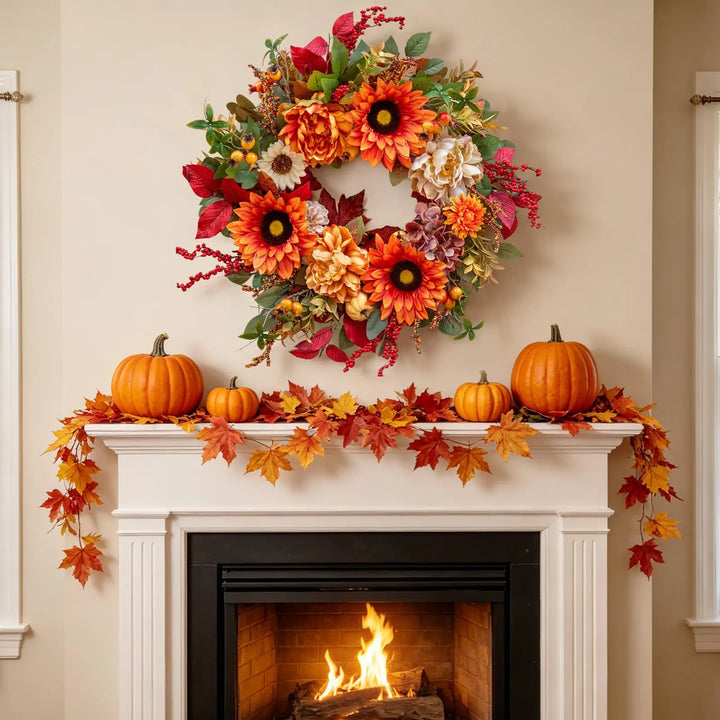24 Inch Harvest Fall Wreaths for Front Door with Sunflower,Peony,Hydrangeas