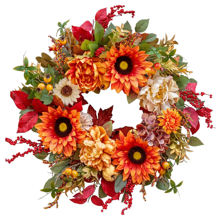 24 Inch Harvest Fall Wreaths for Front Door with Sunflower,Peony,Hydrangeas