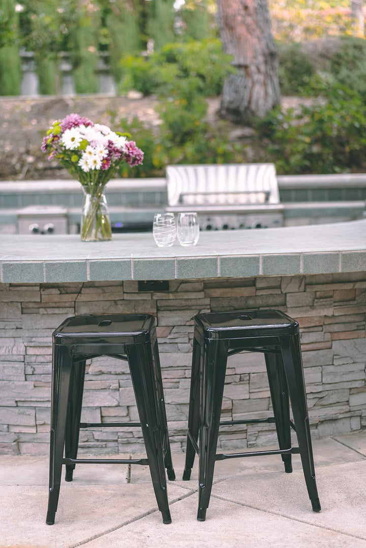 24 Inch Metal Bar Stools Set of 2, Stackable for Indoor Outdoor, Black 