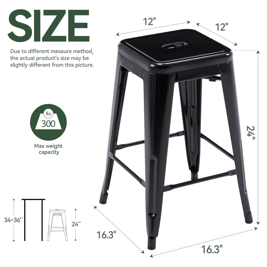 24 Inch Metal Bar Stools Set of 2, Stackable for Indoor Outdoor, Black 