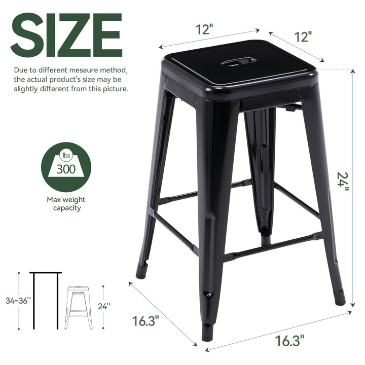 24 Inch Metal Bar Stools Set of 2, Stackable for Indoor Outdoor, Black 