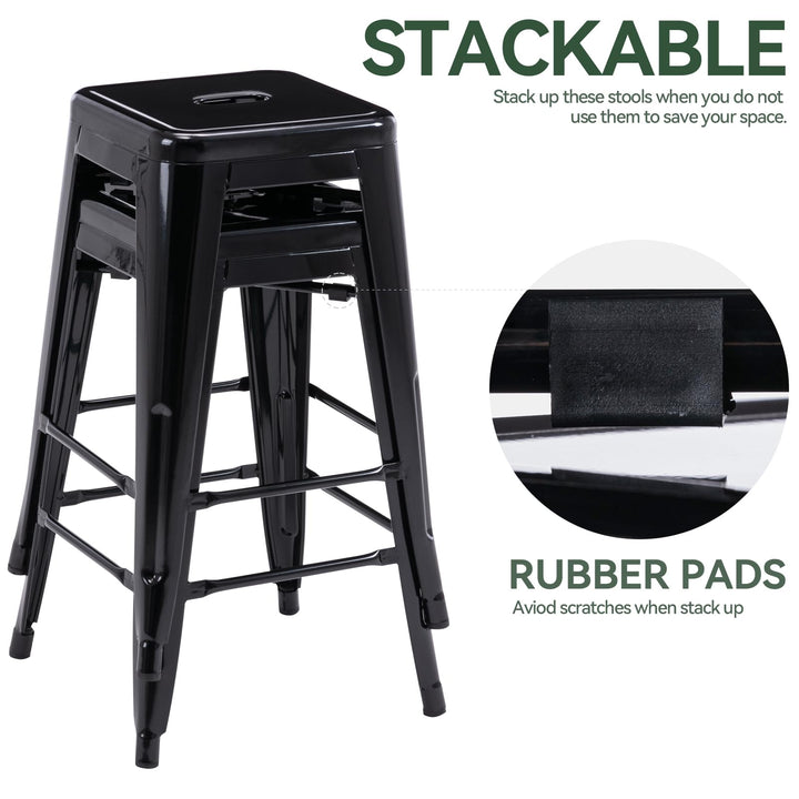 24 Inch Metal Bar Stools Set of 2, Stackable for Indoor Outdoor, Black 