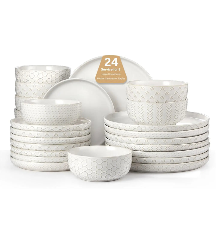 24 Piece Dinnerware Sets for 8, Farmhouse Style Stoneware Plates and Bowls Sets, Ivory White