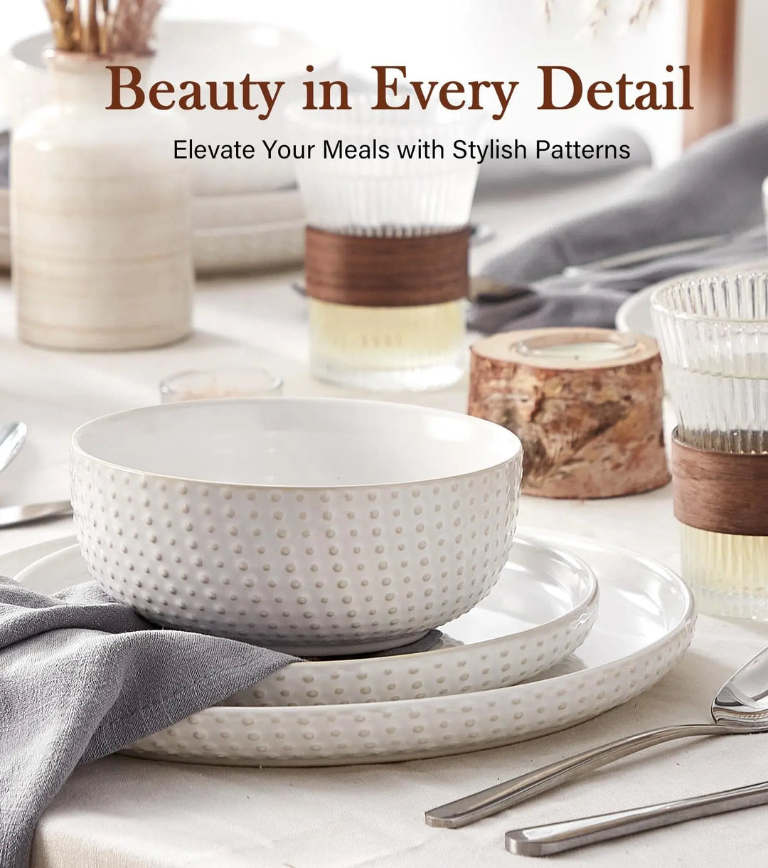 24 Piece Dinnerware Sets for 8, Farmhouse Style Stoneware Plates and Bowls Sets, Ivory White