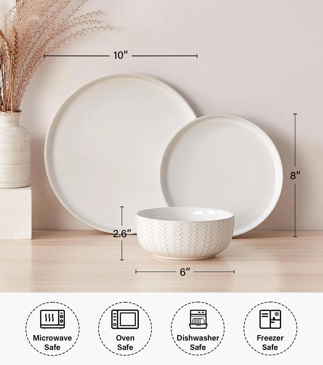 24 Piece Dinnerware Sets for 8, Farmhouse Style Stoneware Plates and Bowls Sets, Ivory White