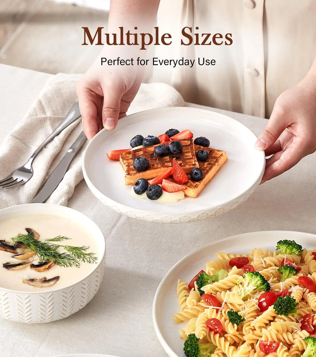 24 Piece Dinnerware Sets for 8, Farmhouse Style Stoneware Plates and Bowls Sets, Ivory White