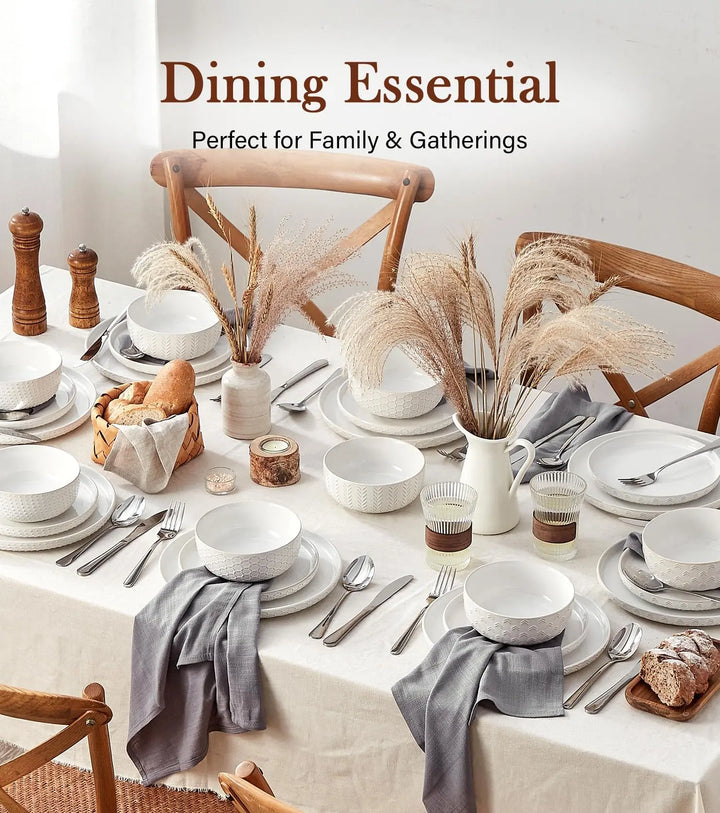 24 Piece Dinnerware Sets for 8, Farmhouse Style Stoneware Plates and Bowls Sets, Ivory White