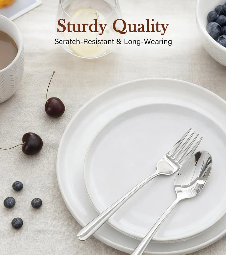 24 Piece Dinnerware Sets for 8, Farmhouse Style Stoneware Plates and Bowls Sets, Ivory White