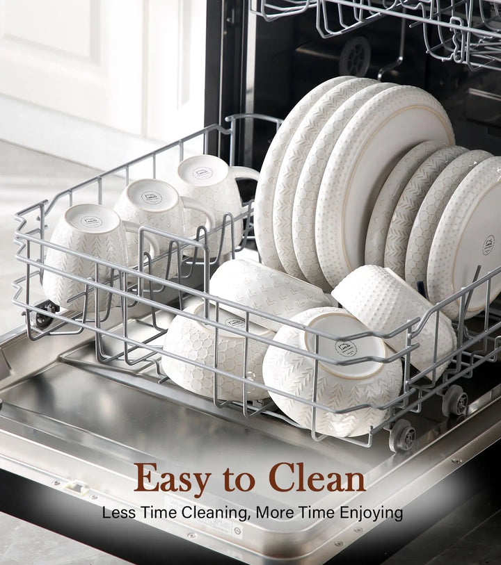24 Piece Dinnerware Sets for 8, Farmhouse Style Stoneware Plates and Bowls Sets, Ivory White