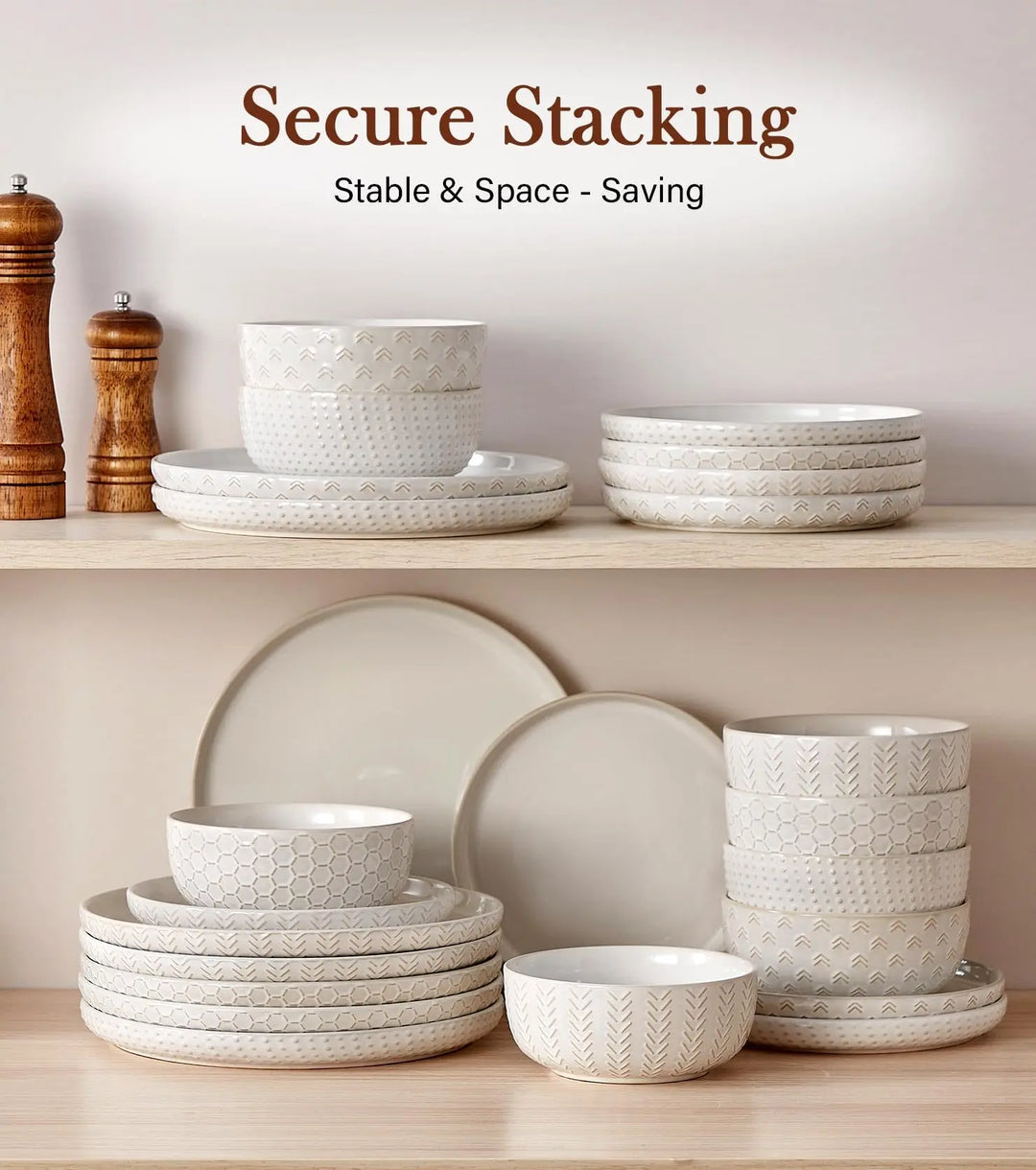 24 Piece Dinnerware Sets for 8, Farmhouse Style Stoneware Plates and Bowls Sets, Ivory White