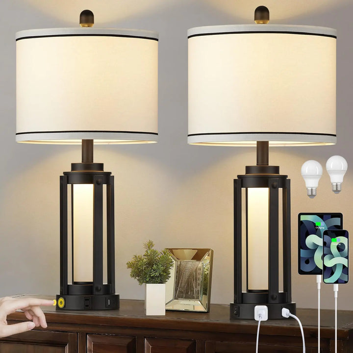 25 Inch Modern Table Lamps, Set of 2, Industrial, USB A+C, Glass Night Light