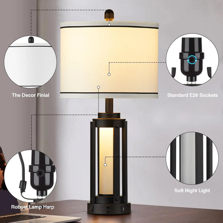25 Inch Modern Table Lamps, Set of 2, Industrial, USB A+C, Glass Night Light