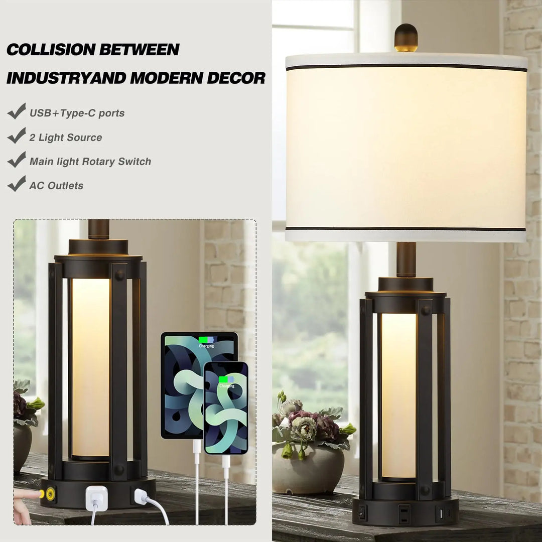 25 Inch Modern Table Lamps, Set of 2, Industrial, USB A+C, Glass Night Light
