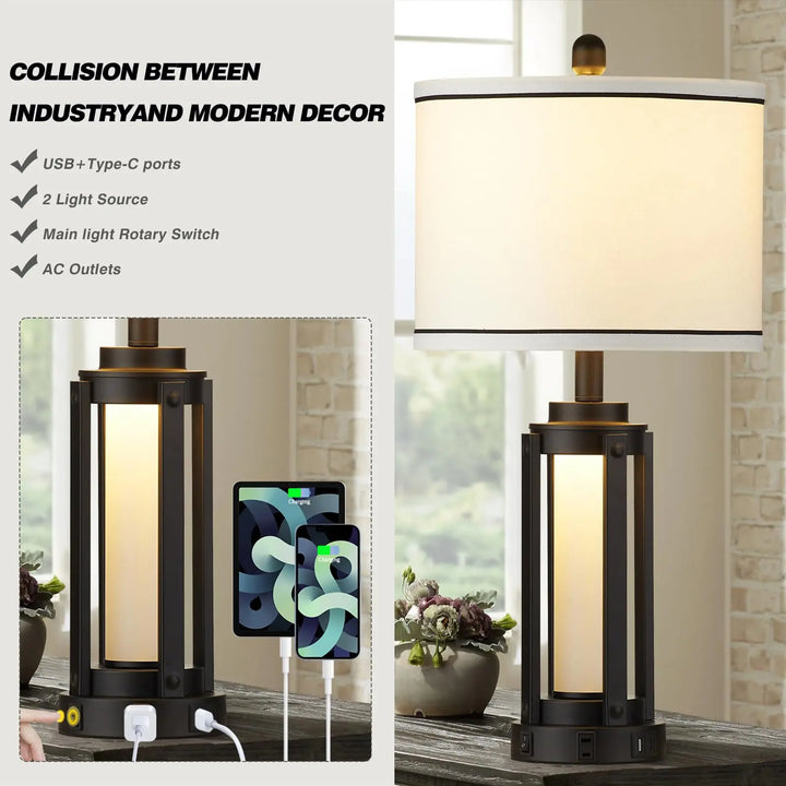 25 Inch Modern Table Lamps, Set of 2, Industrial, USB A+C, Glass Night Light