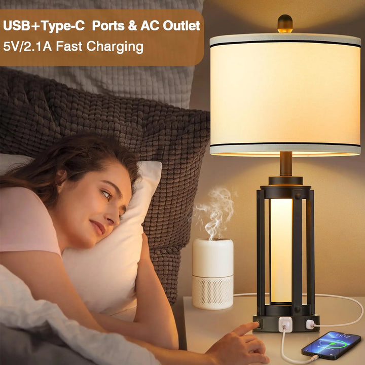 25 Inch Modern Table Lamps, Set of 2, Industrial, USB A+C, Glass Night Light