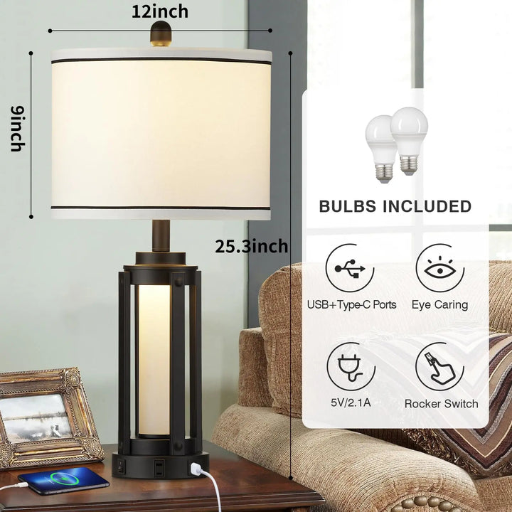 25 Inch Modern Table Lamps, Set of 2, Industrial, USB A+C, Glass Night Light