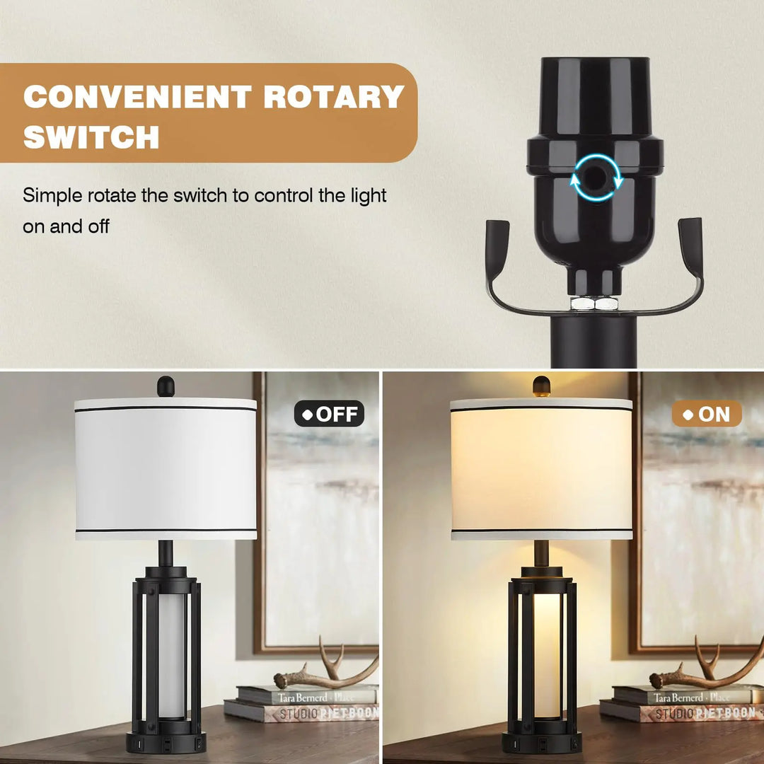 25 Inch Modern Table Lamps, Set of 2, Industrial, USB A+C, Glass Night Light